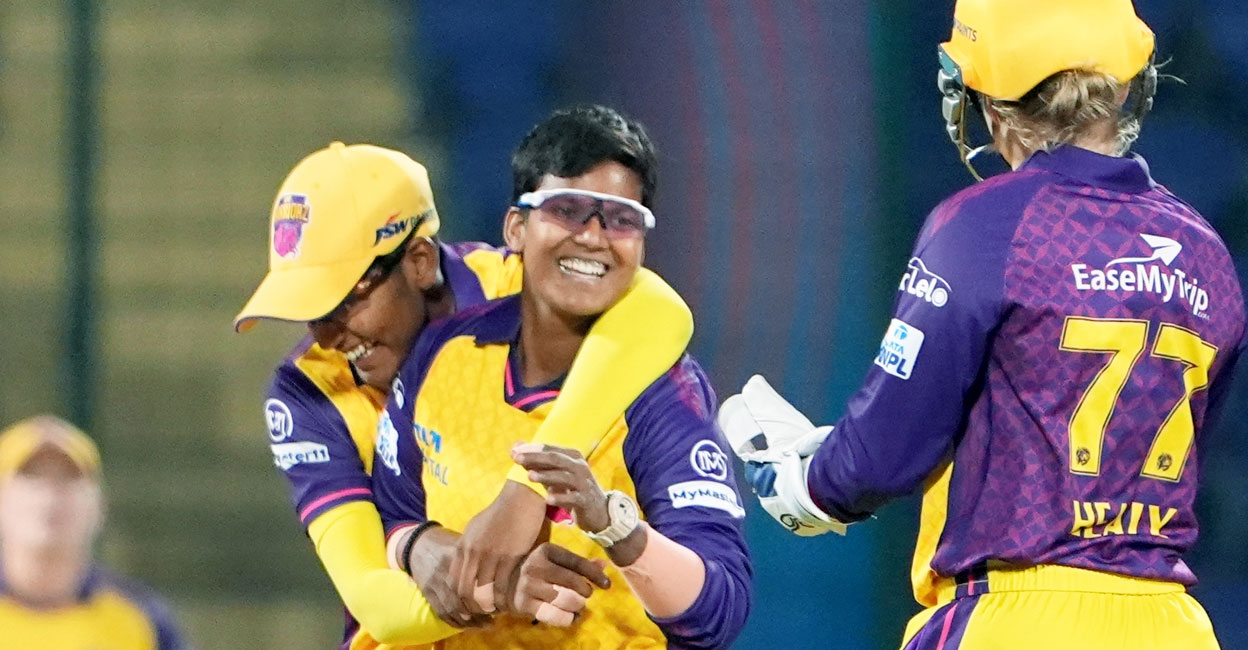UP Warriorz bowler Deepti Sharma celebrates with teammates the wicket of Mumbai Indians' batter Arundhati Reddy during the Women's Premier League (WPL) match in New Delhi on Friday. Photo: PTI