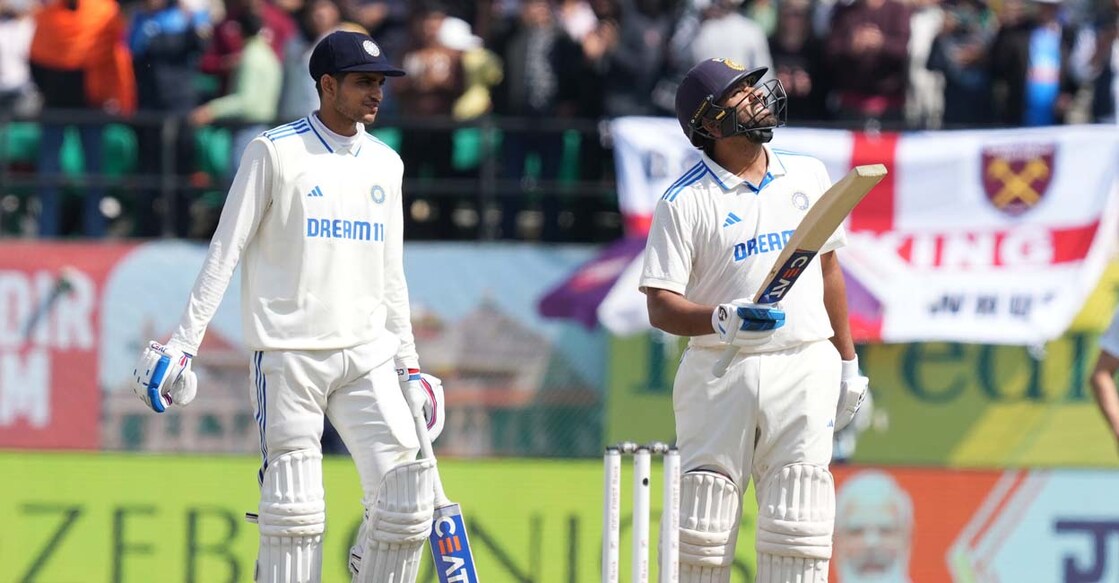 PTI03_08_2024_000068B Dharamsala: India's Rohit Sharma celebrates his century during the second day of the fifth Test cricket match between India and England, in Dharamsala, Friday, March 8, 2024. (PTI Photo/Shahbaz Khan)(PTI03_08_2024_000068B)