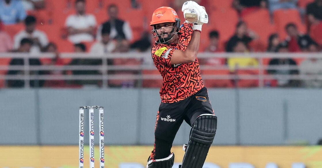 Nitish Reddy drives one through the off side. Photo: IANS/Raj Kumar