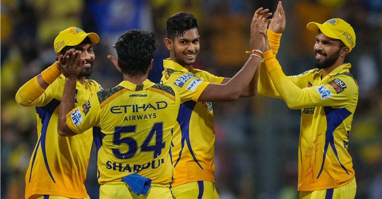 Matheesha Pathirana, second right, celebrates with teammates after dismissing Ishan Kishan. Photo: PTI/Kunal Patil