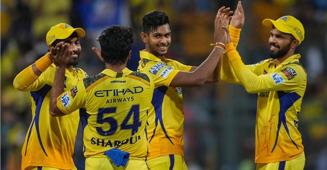 Matheesha Pathirana, second right, celebrates with teammates after dismissing Ishan Kishan. Photo: PTI/Kunal Patil