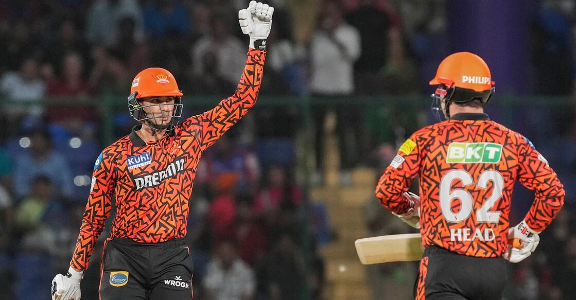 Abhishek Sharma and Travis Head celebrate their century stand. Photo: PTI/Arun Sharma 