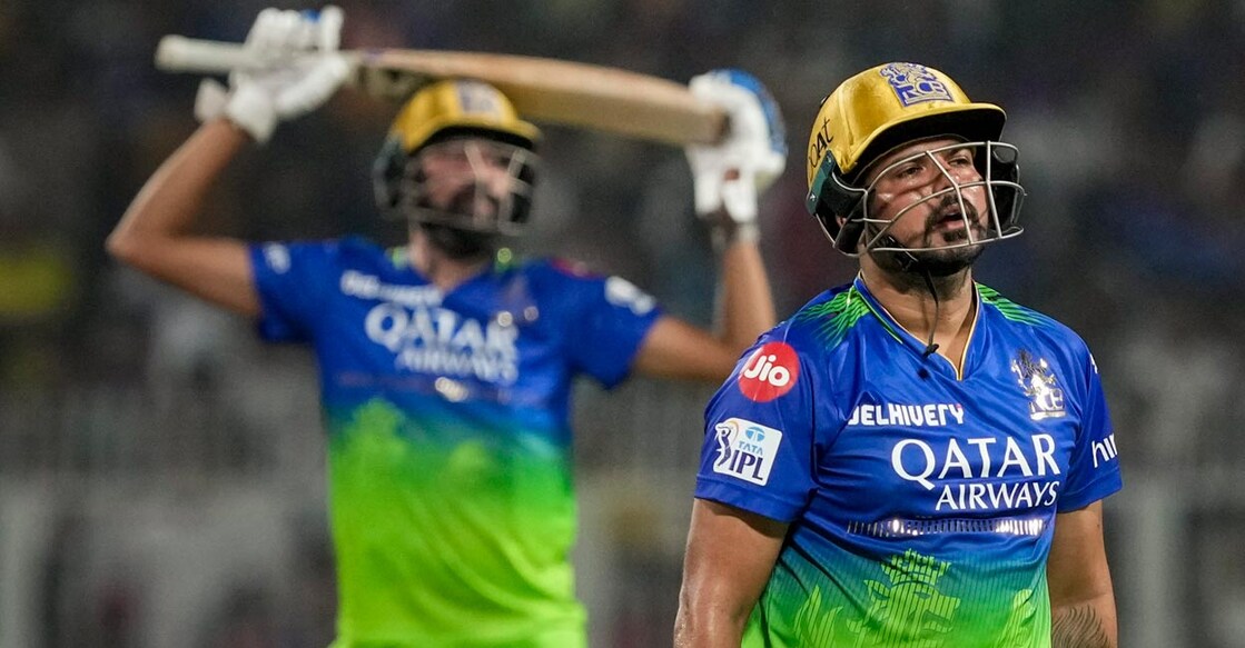 Karn Sharma RCB's Karn Sharma is crestfallen after getting out to Mitchell Starc in the final over. Photo: PTI/Swapan Mahapatra