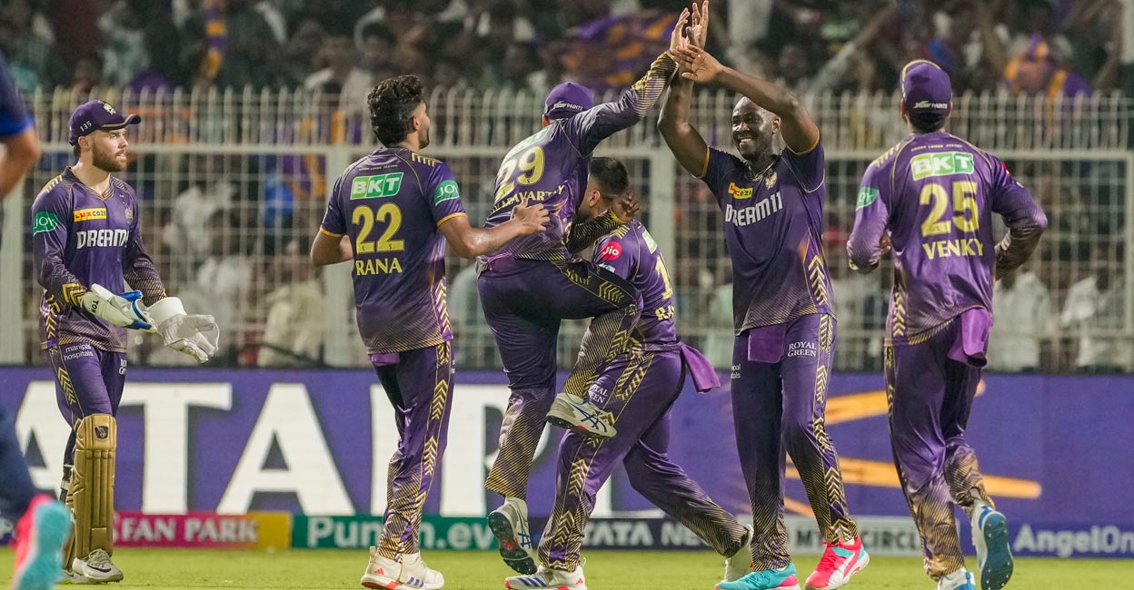 KKR KKR players celebrate a wicket during the final stages of the pulsating contest. Photo: PTI/Swapan Mahapatra