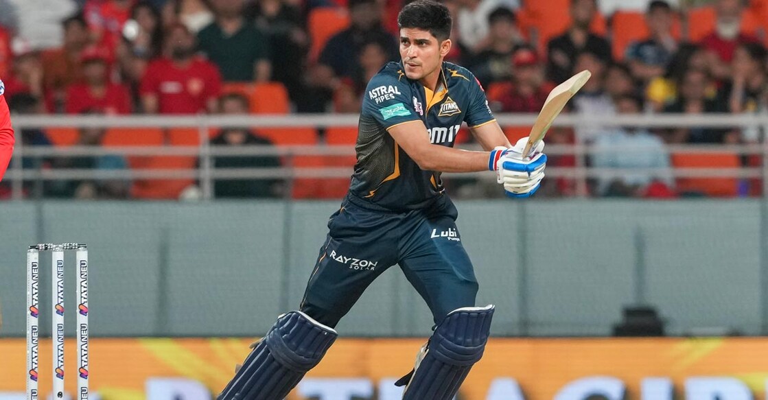 Gujarat Titans captain Shubman Gill plays a shot. Photo: PTI/Shahbaz Khan
