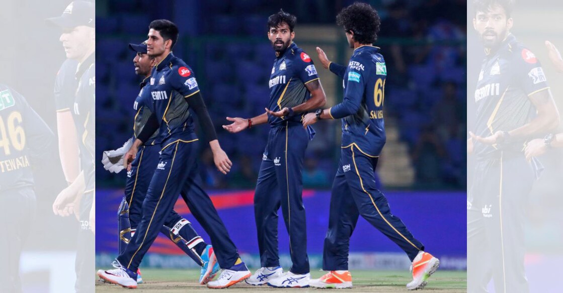 Gujarat Titans' pacer Sandeep Warrier celebrates a wicket against Delhi Capitals. Photo: AP