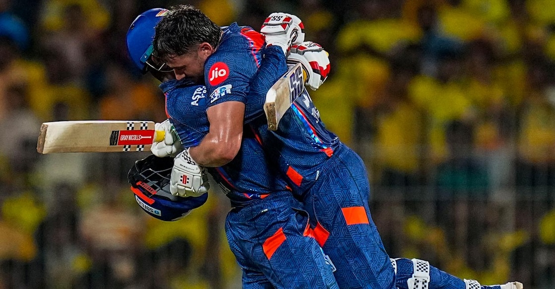 Marcus Stoinis, right, and Deepak Hooda celebrate LSG's thriling win. Photo: PTI/R Senthil Kumar