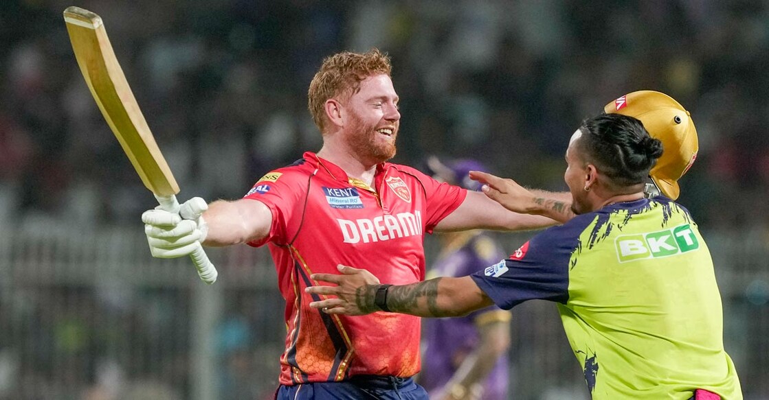 Jonny Bairstow celebrates with teammates after PBKS' record win. Photo: PTI/Swapan Mahapatra