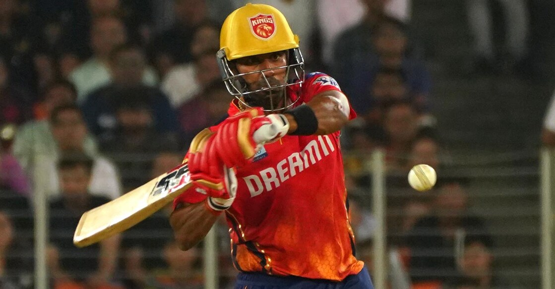  Shashank Singh plays a big shot against Gujarat Titans. Photo: IANS/Siddharaj Solanki