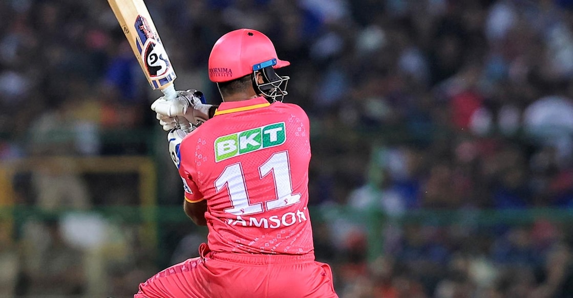 An upper cut six off Mohammed Siraj stood out in Sanju's sparkling knock. Photo: PTI