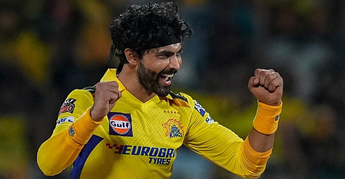 Ravindra Jadeja celebrates one of his three wickets. Photo: PTI/R Senthil Kumar