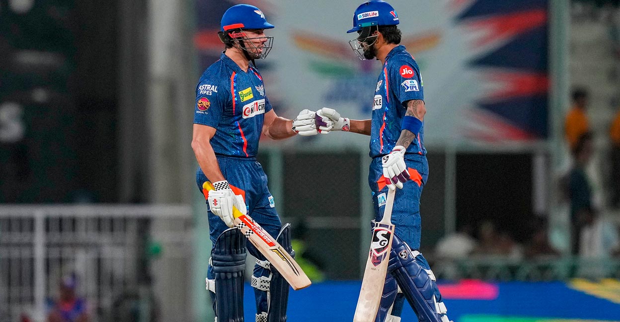 Marcus Stoinis and K L Rahul during their stand. Photo: PTI/Atul Yadav