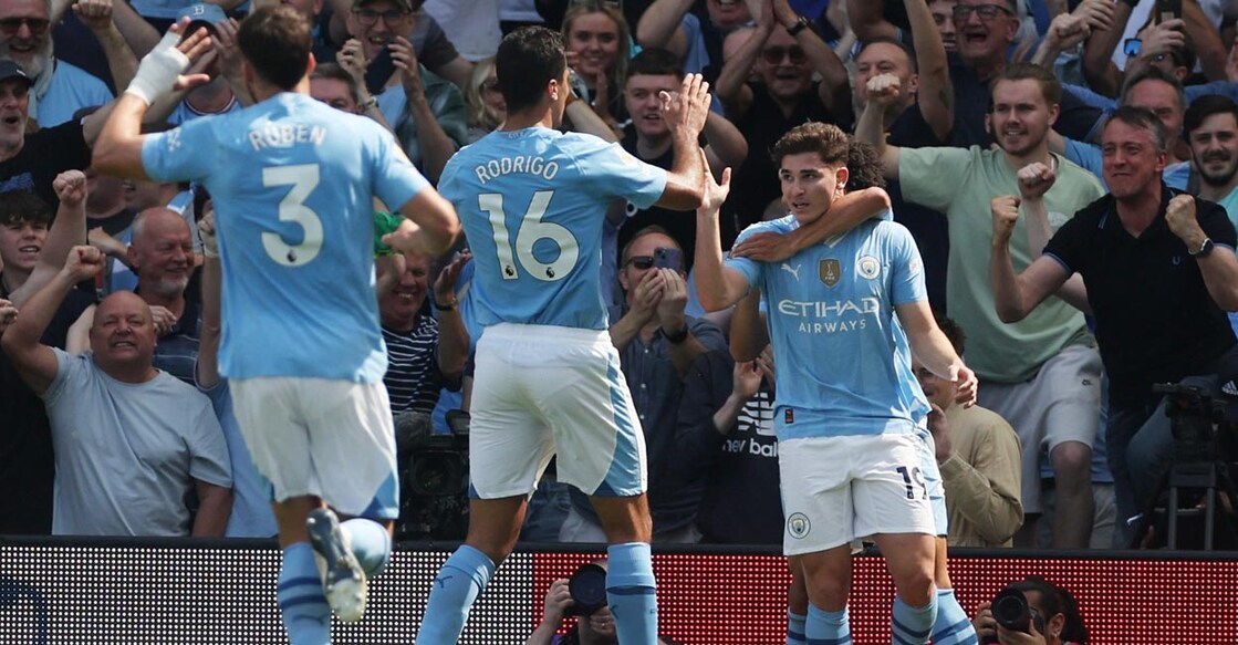 Manchester City's Julian Alvarez, right, celebrates scoring their fourth goal. Photo: Action Images via Reuters/Paul Childs