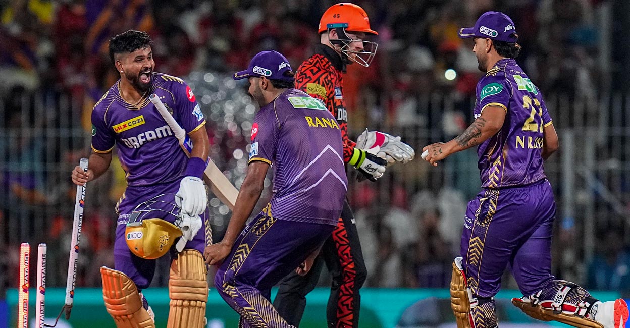 KKR captain Shreyas Iyer and teammates celebrate the winning moment. Photo: PTI/R Senthil Kumar