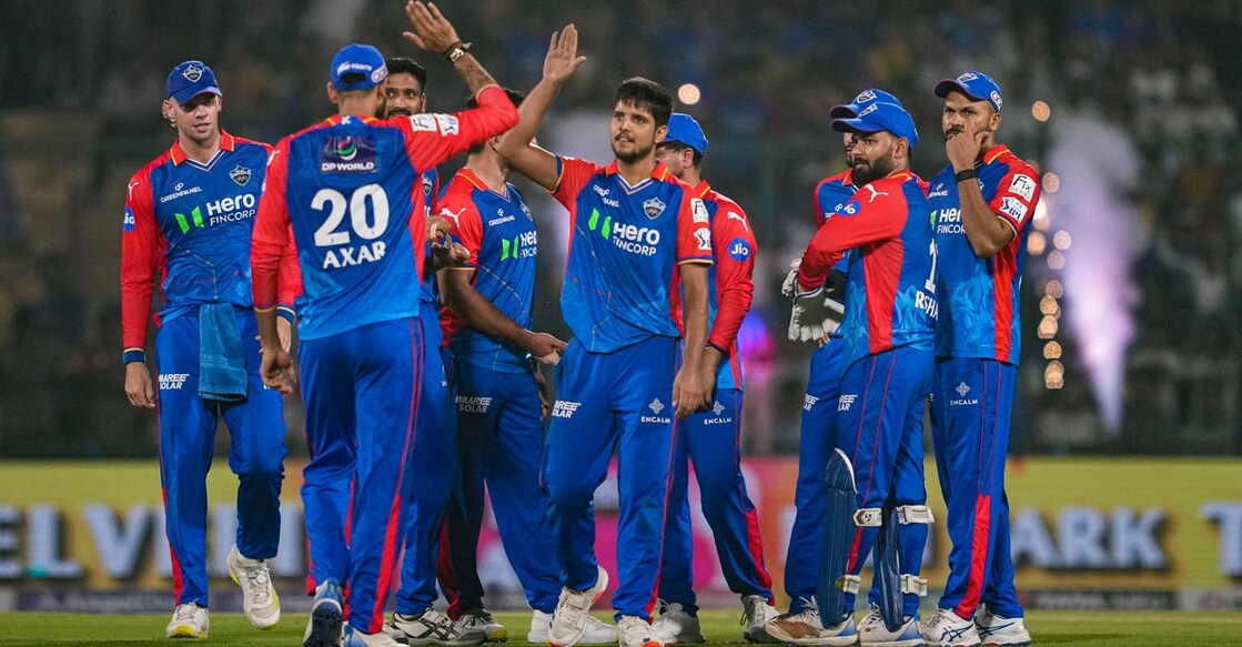 Delhi Capitals DC players celebrate a wicket. Photo: PTI/Atul Yadav
