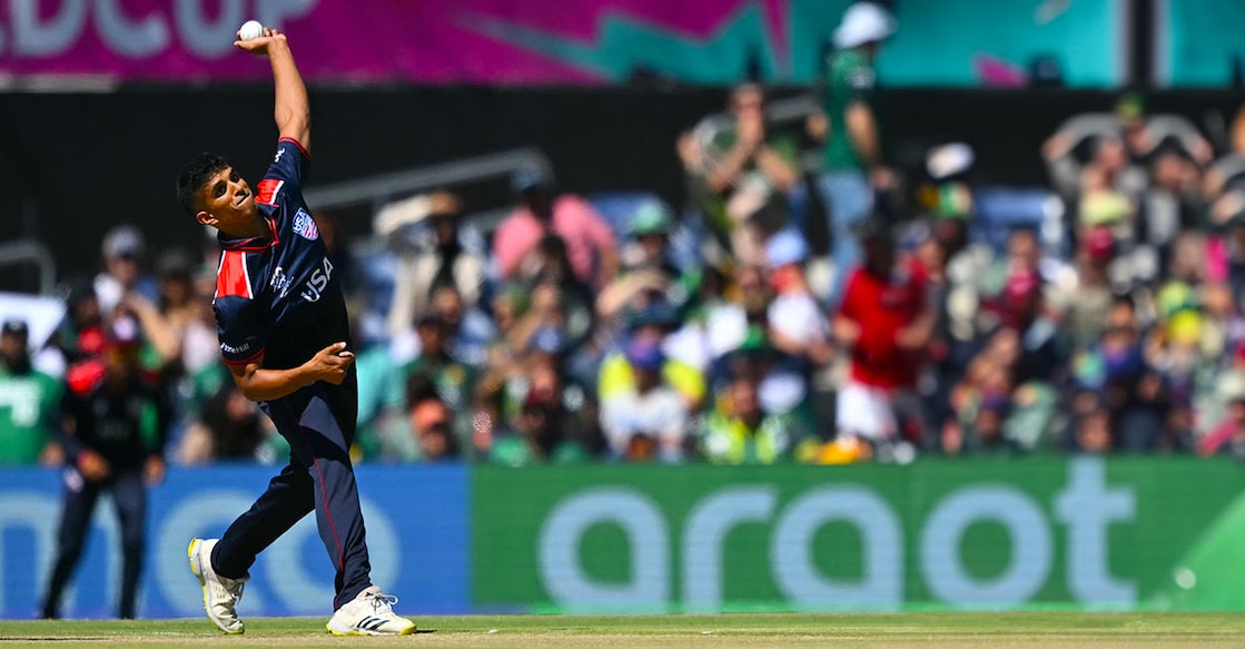Nosthush Kenjige in action against Pakistan in the T20 World Cup. File photo: AFP/Andrew Caballero-Reynolds 