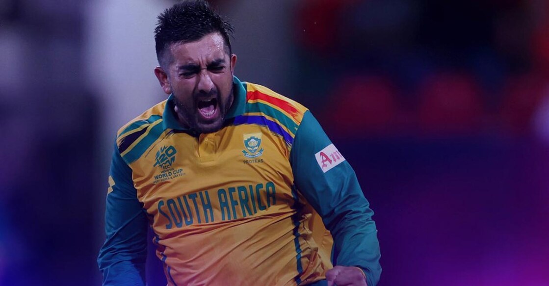 Tabraiz Shamsi exults after picking up a wicket. Photo: X@ICC