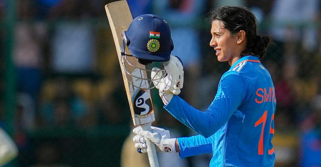Smriti Mandhana celebrates her ton. Photo: PTI/Shailendra Bhojak
