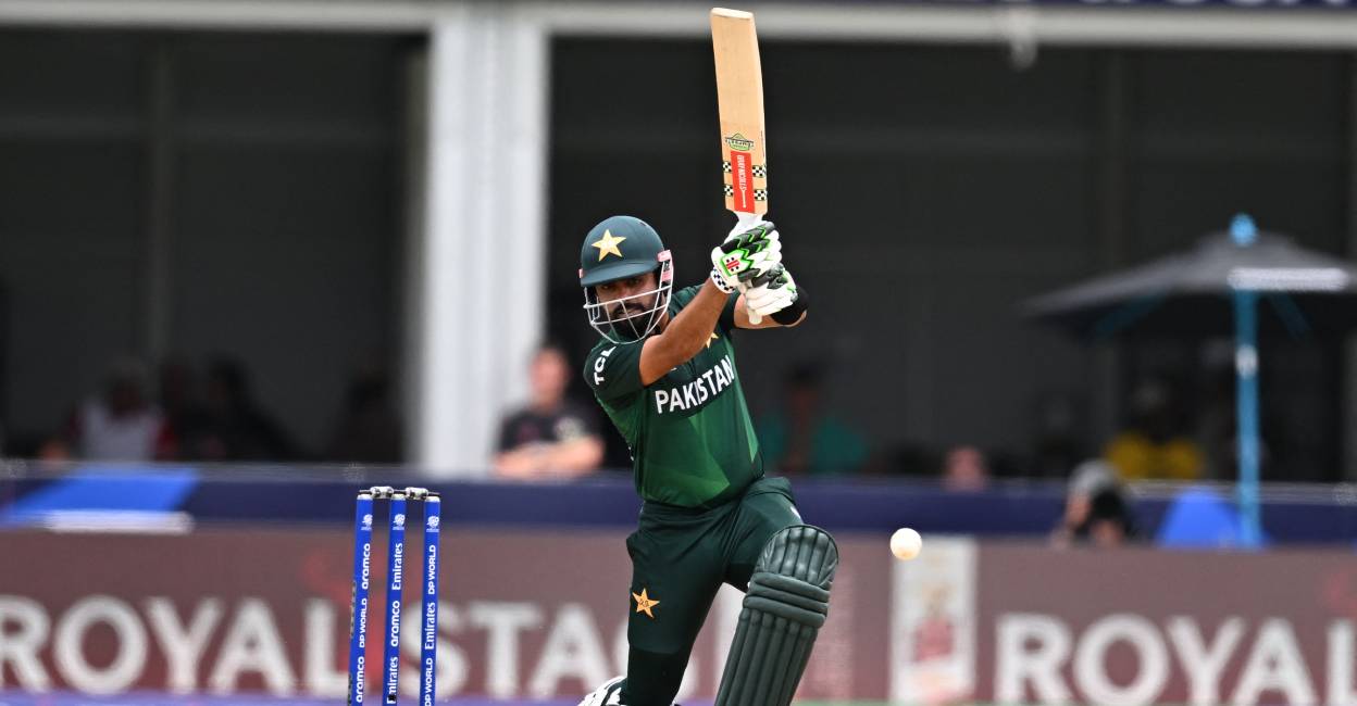 pakistan-t20 Pakistan's captain Babar Azam hits a shot during the ICC men's Twenty20 World Cup 2024 group A cricket match between Pakistan and Ireland at Central Broward Park & Broward County Stadium in Lauderhill, Florida. Photo: AFP/ Chandan Khanna