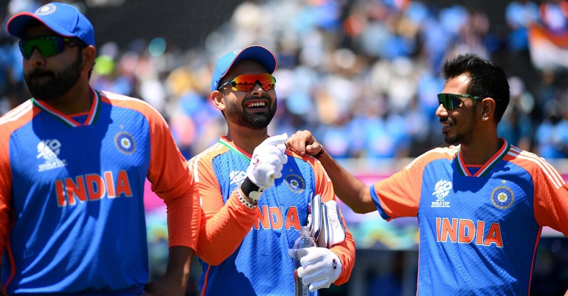 From left: Indain captain Rohit Sharma, Rishabh Pant and Yuzvendra Chahal during the warm-up match against Bangladesh. Photo: X@BCCI via PTI 