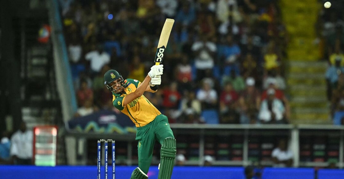 Marco Jansen hits the winning six. Photo: AFP/Andrew Caballero-Reynolds 