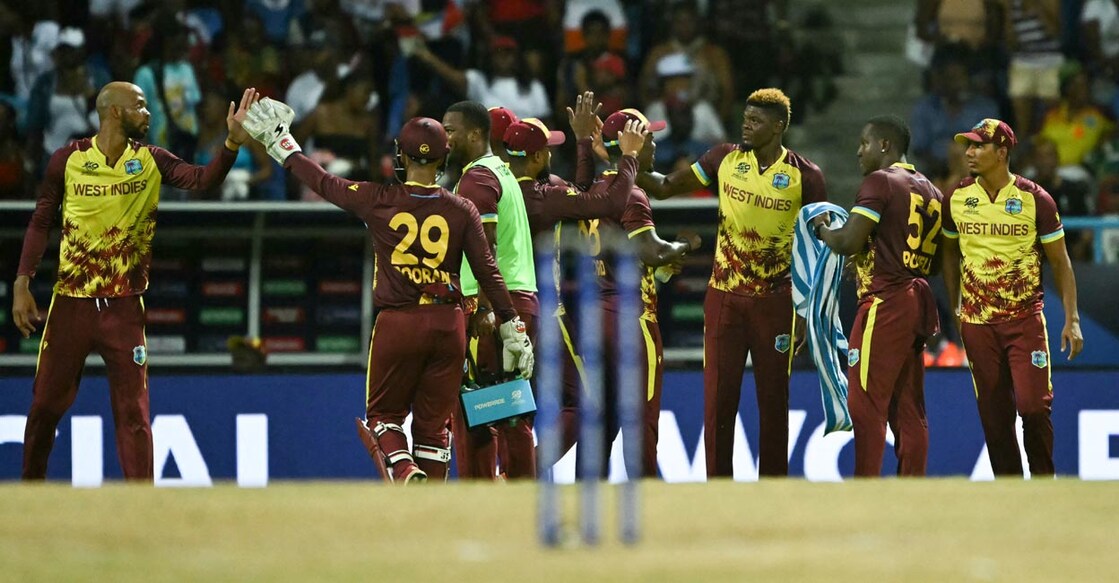 West Indies players celebrate the fall of a South African batter. Photo: AFFP/Andrew Caballero-Reynolds