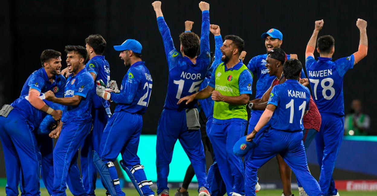 Afghan players are cock-a-hoop after beating Bangladesh. Photo: X@ICC