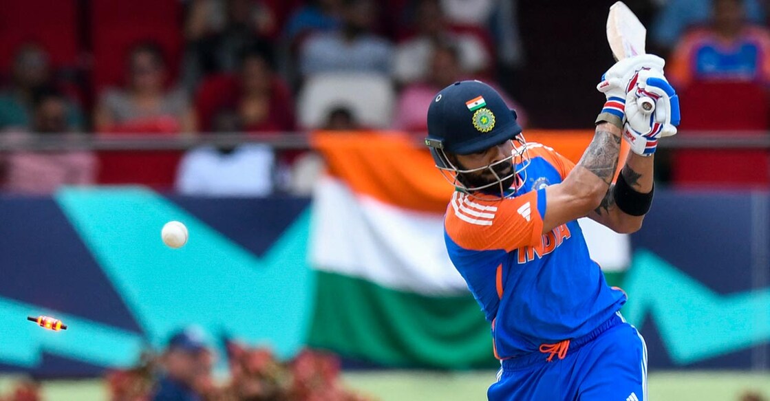 Virat Kohli is clean bowled by Reece Topley in the semifinal. Photo: AFP/Randy Brooks