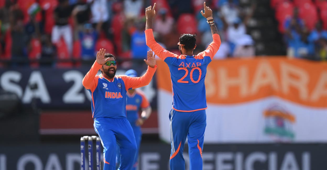 Rohit Sharma and Axar Patel Rohit Sharma and Axar Patel celebrate an England wicket in the semifinal. Photo: X@BCCI