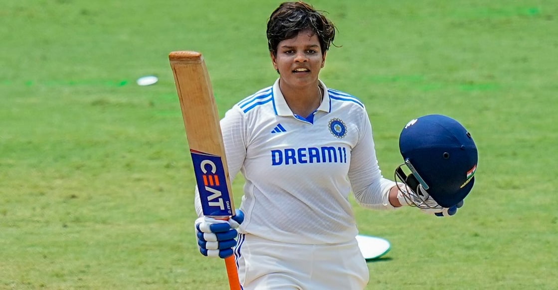Shafali Verma celebrates her ton. Photo: PTI/R Senthil Kumar