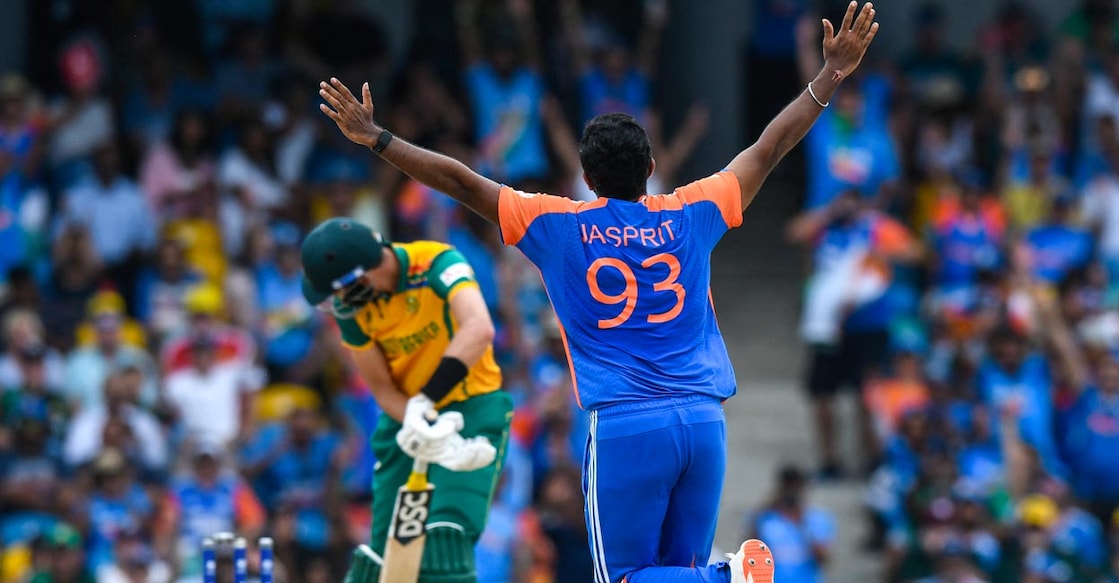 Jasprit Bumrah castles Marco Jansen. Photo: AFP/Randy Brooks