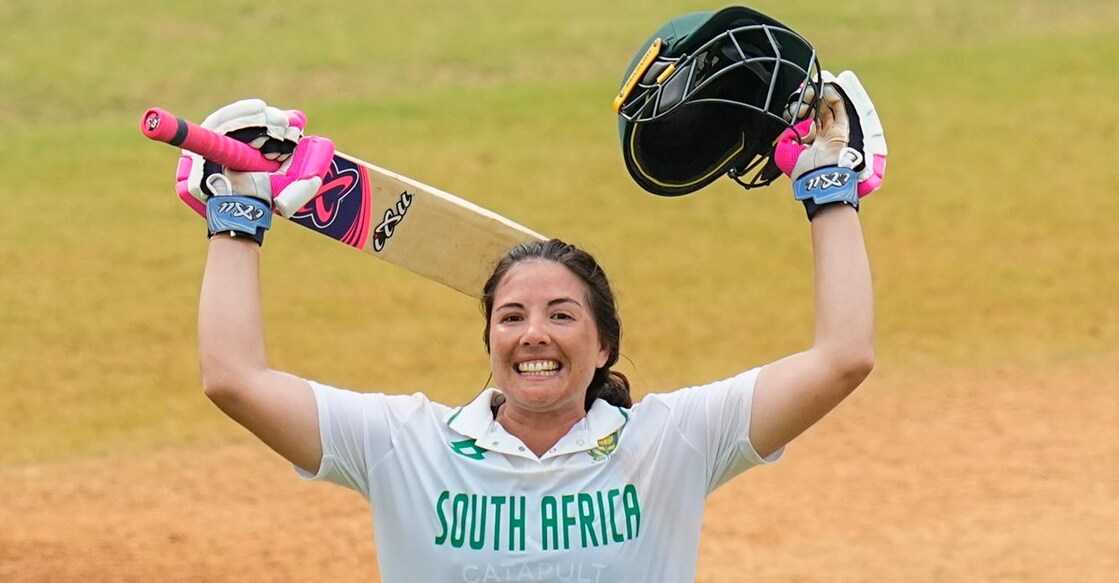  Sune Luus celebrates her ton. Photo: PTI/R Senthil Kumar