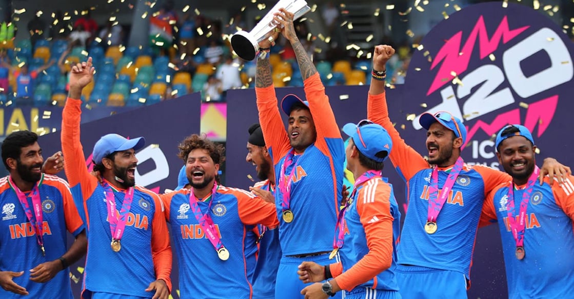 India's Surya Kumar lifts the trophy as they celebrate after winning the T20 World Cup. Photo: Reuters. 