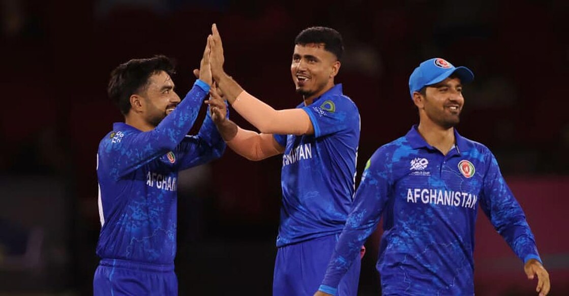  Fazalhaq Farooqi, centre, wrecked Uganda. Photo: X@ICC