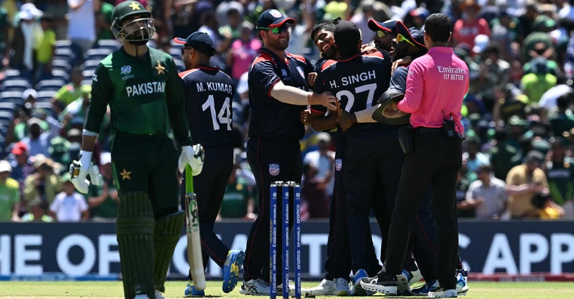 US stun Pakistan The US players are ecsatic as a dejected Shadab Khan walks off after the Super Over. Photo: AFP/Andrew Cabllero-Reynolds