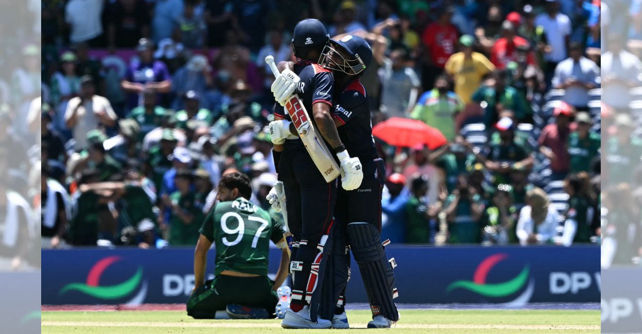 US stun Pakistan Aaron Jones (right) and Nitish Kumar celebrate after forcing a Super Over. Photo: AFP/Andrew Caballero-Reynolds