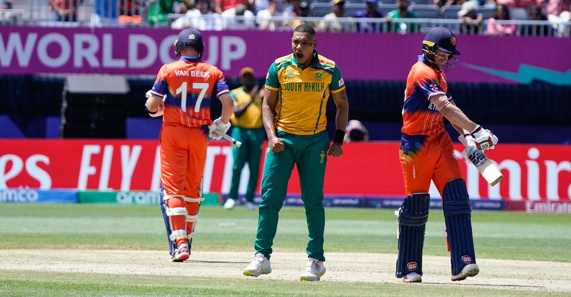 South Africa's Ottniel Baartman (centre) celebrates after dismissing Netherlands' Sybrand Engelbrecht during the T20 World Cup group D match at Nassau County International Cricket Stadium in East Meadow, New York on June 8, 2024. Photo: AFP/ Timothy A Clary