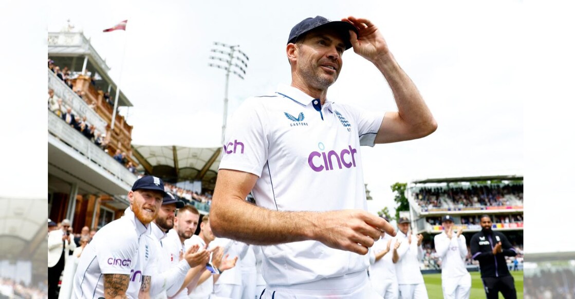 England's James Anderson reacts after his final Test match as teammates look on. Photo: Reuters/Peter Cziborra