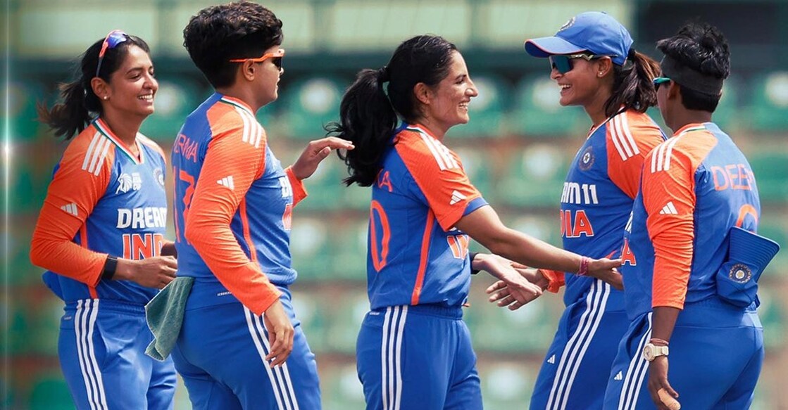 Renuka Thakur, centre, wrecked Bangladesh. Photo: X@BCCIWomen