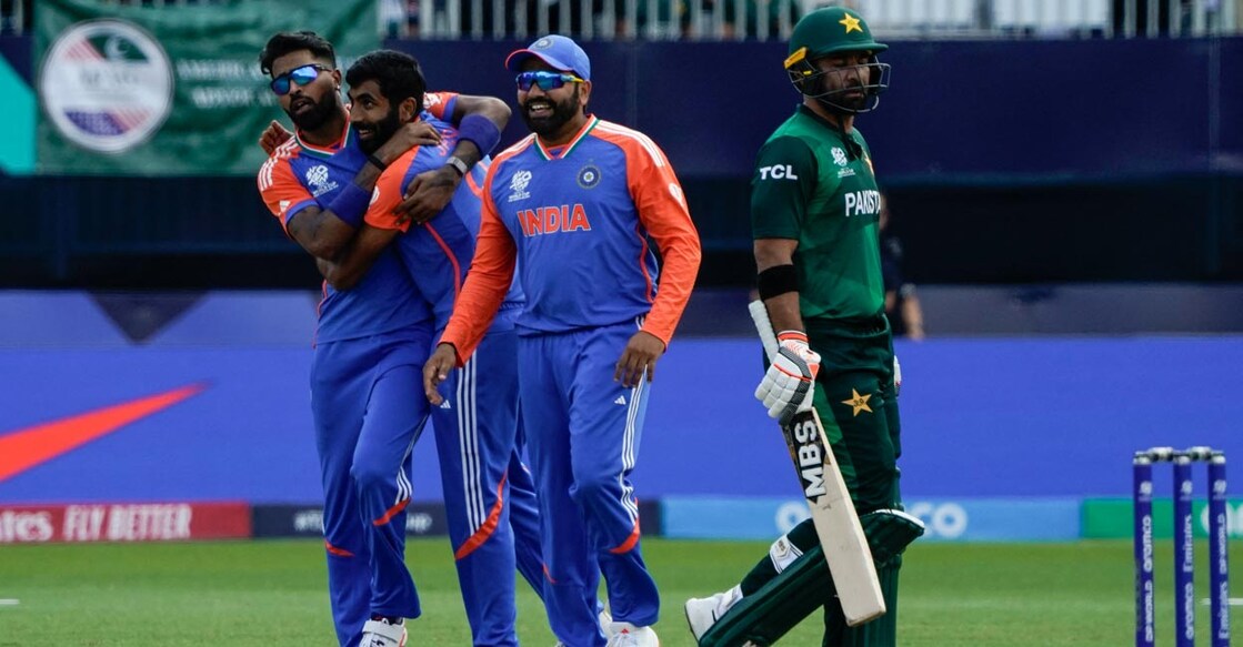 Indian players celebrate a wicket in the recent T20 World Cup match against Pakistan. File photo: AFP/Timothy A Clary