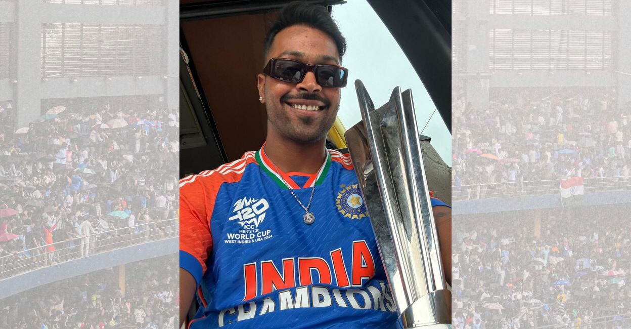 Hardik Pandya poses with the T20 World Cup trophy. Photo: X/@hardikpandya7