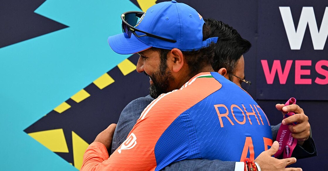 Jay Shah hugs Rohit Sharma after the T20 World Cup final. File photo: AFP/Chandan Khanna