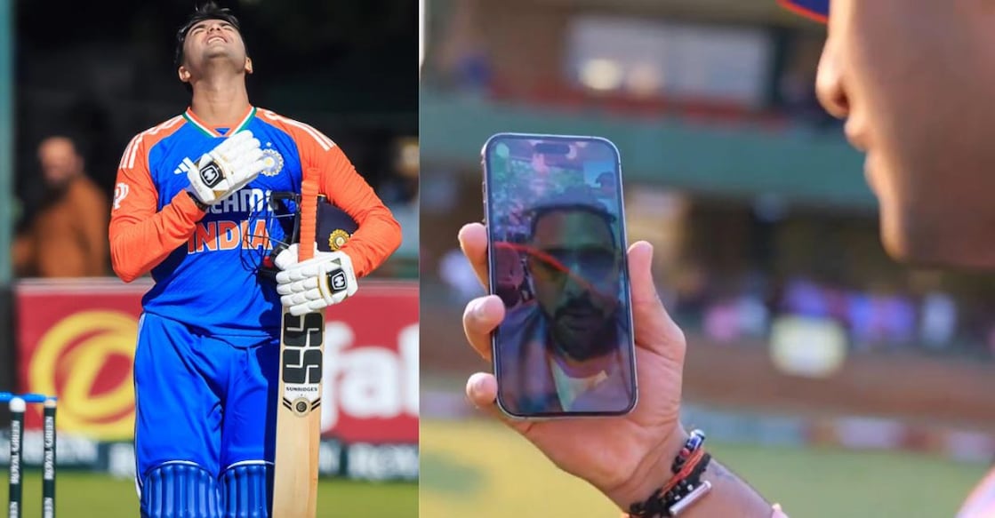 Abhishek & Yuvraj Abhishesk Sharma spoke to Yuvraj Singh over the phone after the match. Photos: X@BCCI