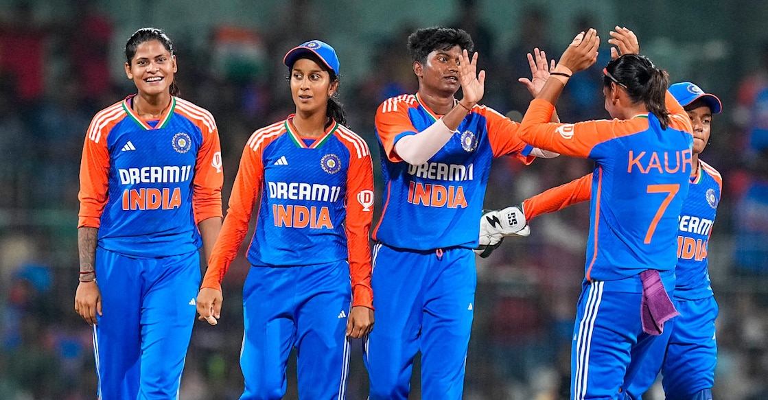 PTI07_09_2024_000353A India's Pooja Vastrakar and teammates celebrate the wicket of South Africa's batter Eliz-Mari Marx during the third T20I at the MA Chidambaram Stadium in Chennai on Tuesday. Photo: PTI