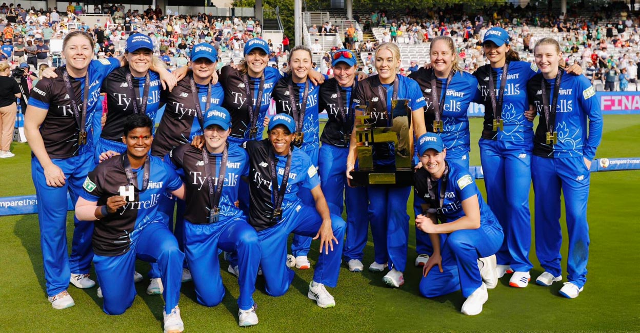 London Spirit team members celebrate with the trophy. Photo: X@WomensCricZone
