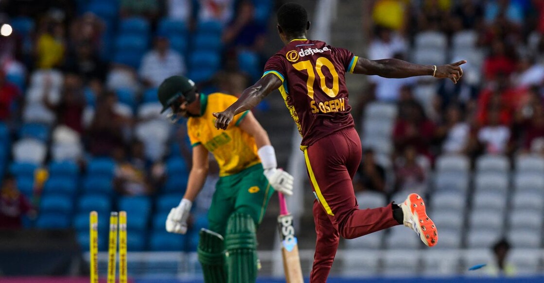 Shamar Joseph celebrates the dismissal of Bjorn Fortuin. Photo: AFP/Randy Brooks