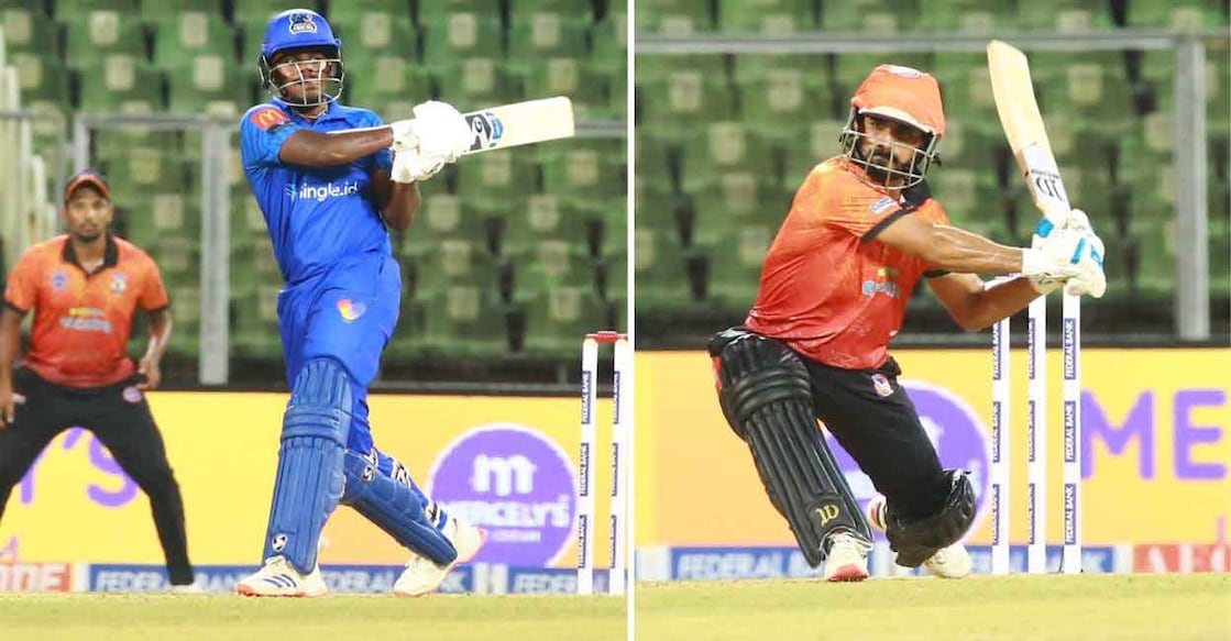 Untitled design - 1 Shoun Roger (left) and Salman Nizar posted identical scores of 73 not out for Kochi Blue Tigers and Calicut Globstars respectively. Photos: Special arrangement