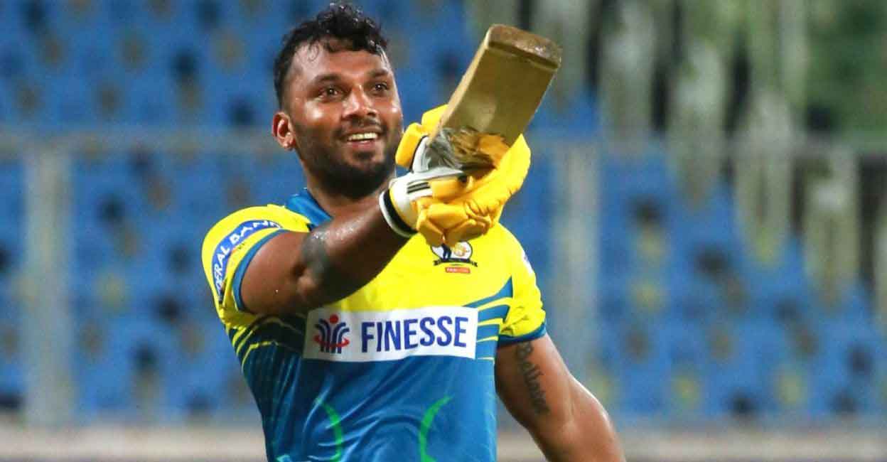 Untitled design - 1 Vishnu Vinod celebrates his match-winning knock for Thrissur Titans. Photo: Special arrangement