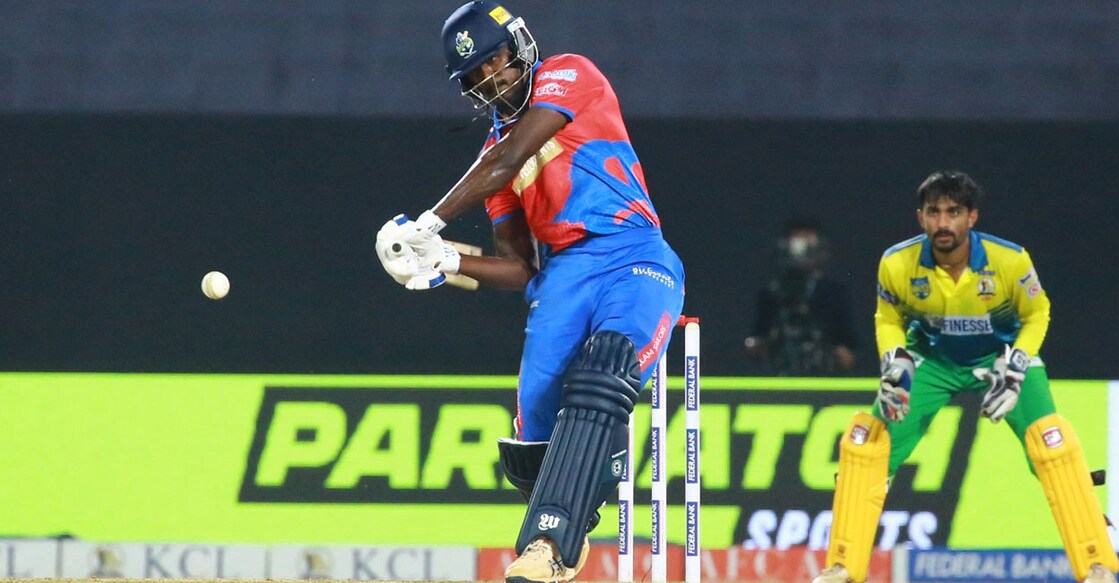 Sharafuddeen NM starred in Kollam Sailors' win over Thrissur Titans in the final league game of Kerala Cricket League T20 in Thiruvananthapuram on Monday. Photo: Special arrangement