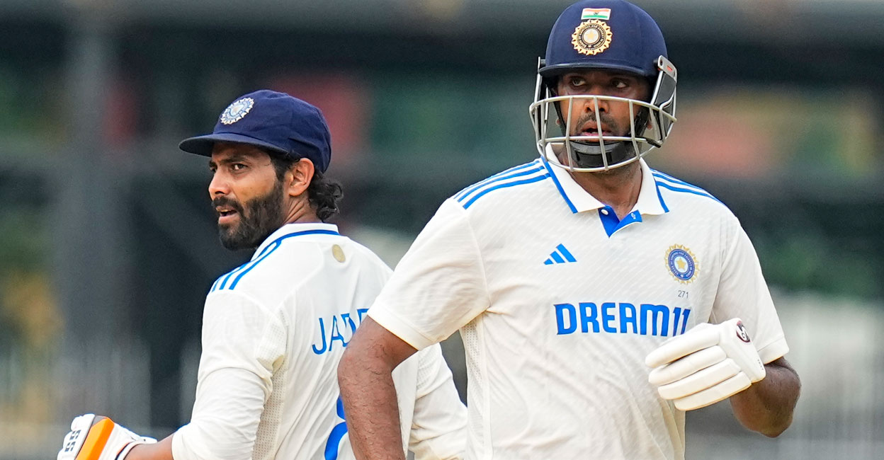 India's Ravichandran Ashwin and Ravindra Jadeja run between the wickets during the first day of the first Test against Bangladesh at the MA Chidambaram Stadium in Chennai on Thursday. Photo: PTI